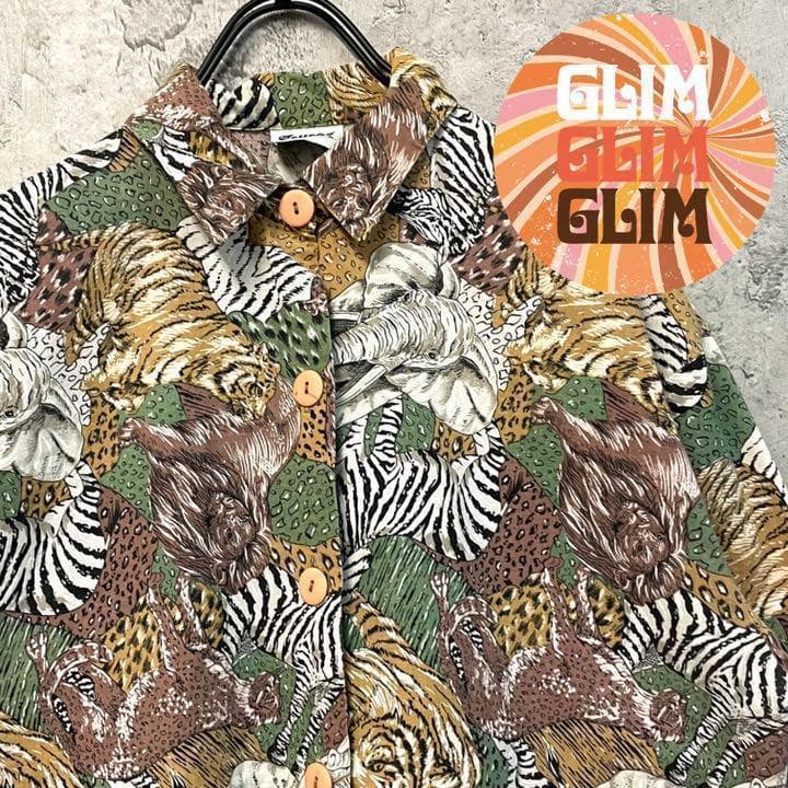 USA古着ヴィンテージ アニマル総柄シャツ メンズL Burma Bibas 90s 90年代 総柄 オープンカラー シルクシャツ 半袖 開襟