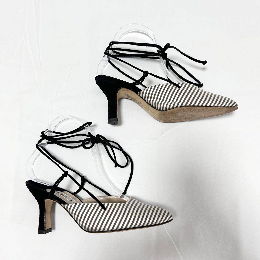MANOLO BLAHNIK アンクル レースアップ サンダル 36 ボーダー