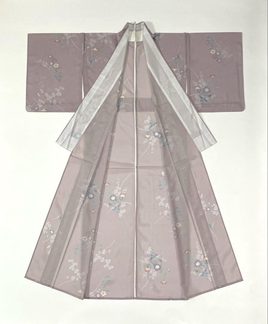 洗える夏着物 絽 小紋 手縫い仕立て 草花 なでしこ アザミ 淡い