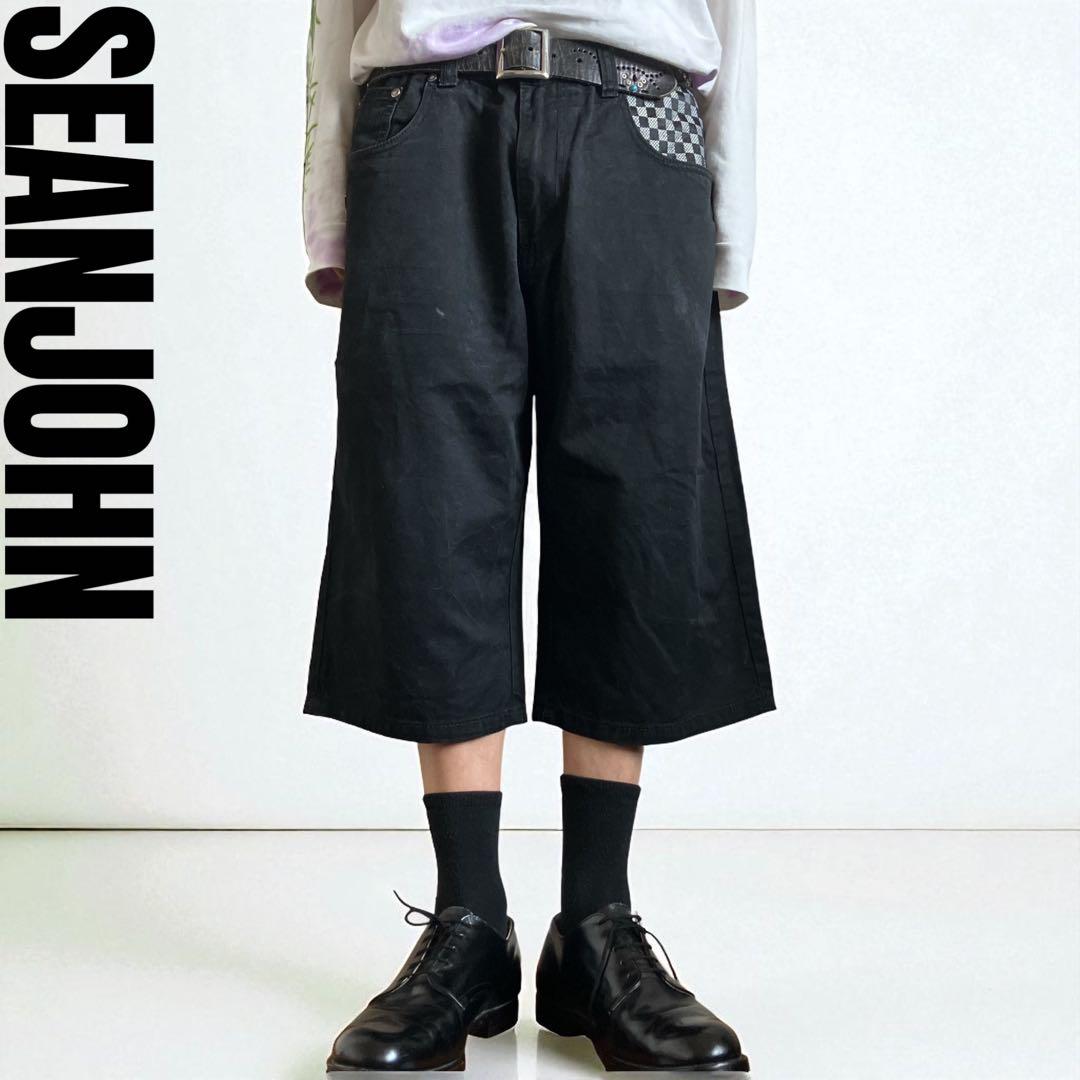 90s SEANJOHN W34 バギーブラックデニムショーツ ダミエ柄 B系