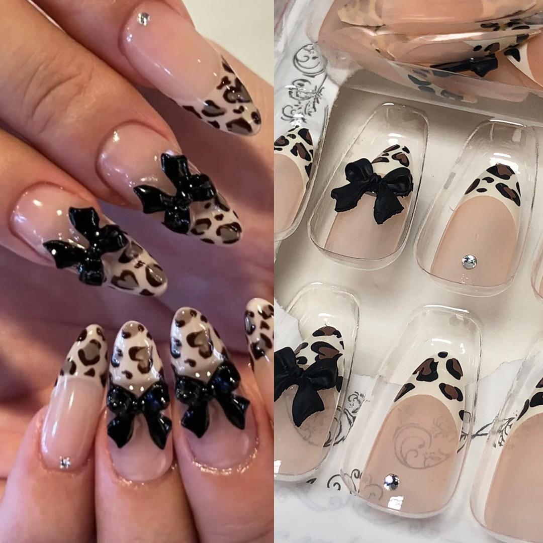 ネイルチップ 付け爪 ネイルアート 豹柄 ヒョウ柄 リボン ピンク