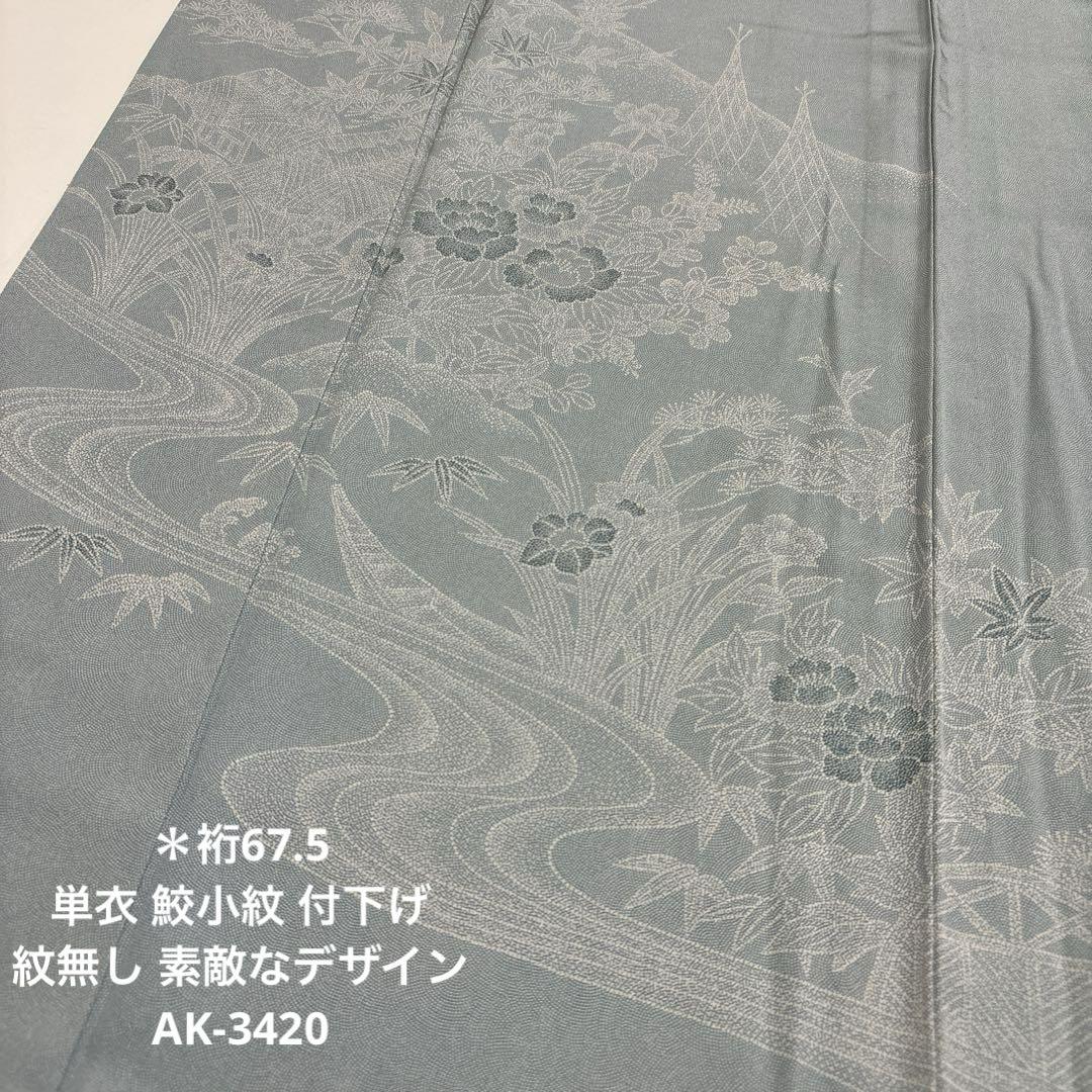 単衣 鮫小紋 付下げ 裄67.5 紋無し 素敵なデザイン 正絹 AK-3420