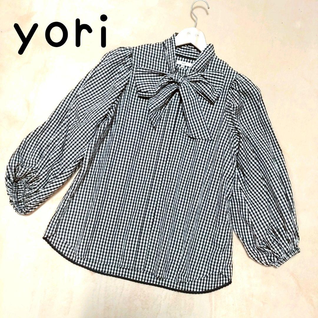 美品 yori 黒ギンガムチェック ビックボウタイパフスリーブ