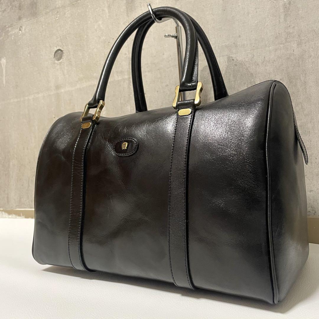エティエンヌアイグナー ボストンバッグ ロゴプレート ゴールド金具 レザー 黒