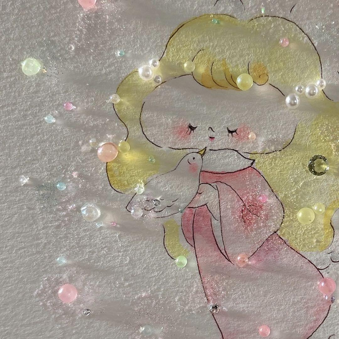 【天使】グラスアート　イラスト　水彩画　原画 水彩・原画「花と天使」 | iichi 日々の暮らしを心地よくする