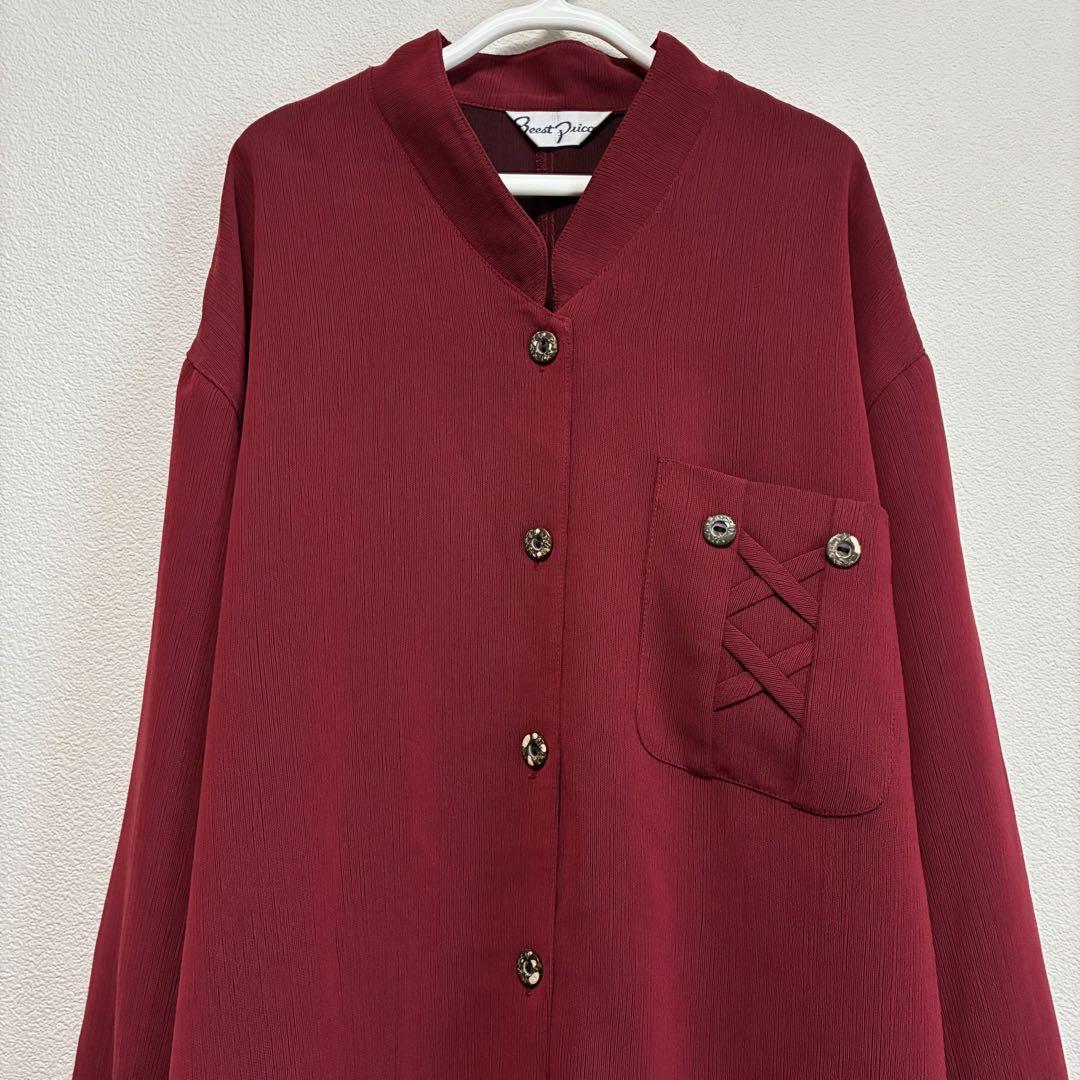 デザインポケット スタンドカラーシャツブラウス 昭和レトロ ヴィンテージ エンジ デザインポケット スタンドカラーシャツブラウス 昭和レトロ