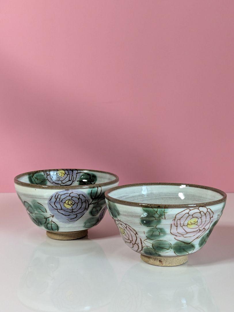 和風薔薇柄お茶碗ローズ和柄お茶碗夫婦茶碗キッチン雑貨プレゼント