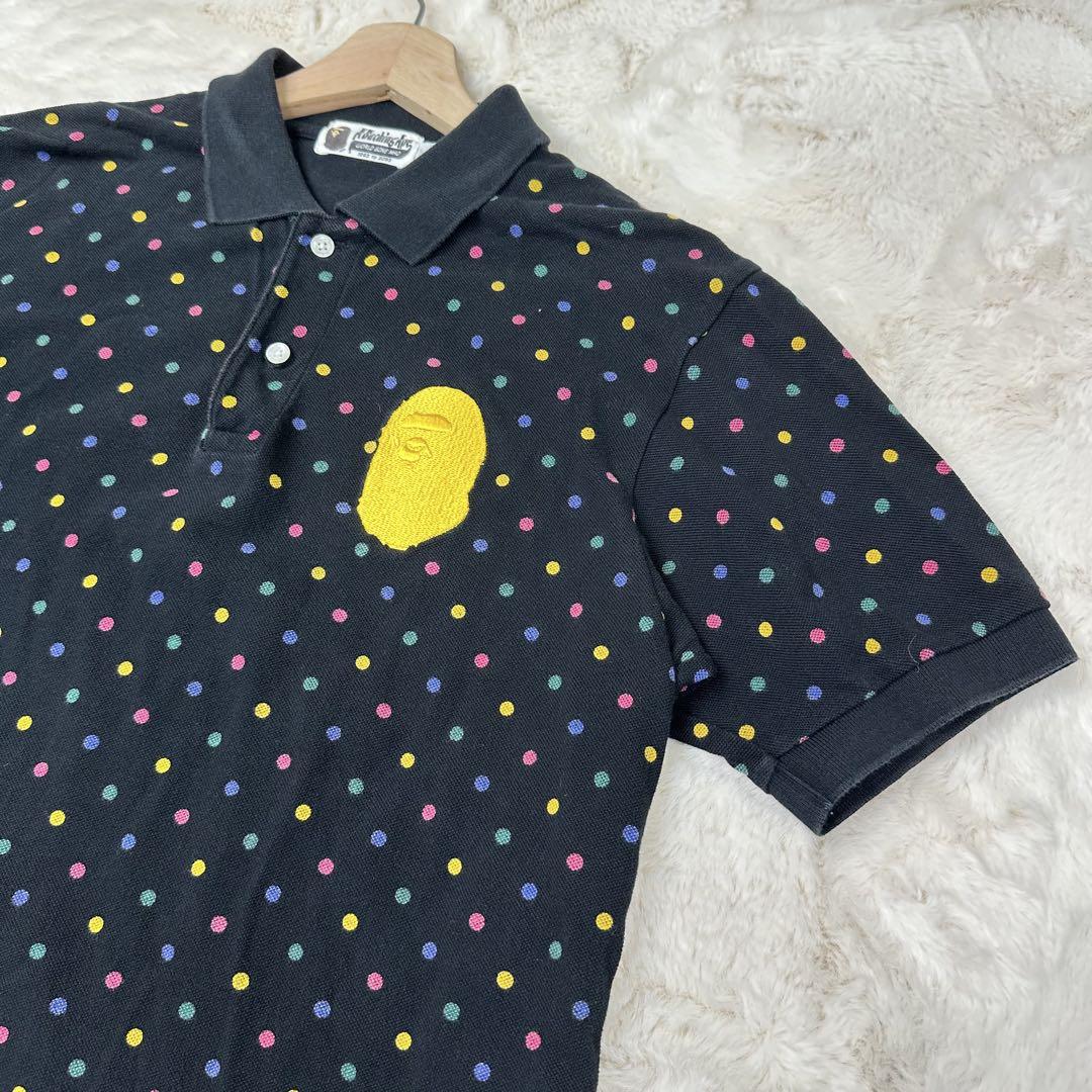 ✨希少✨美品✨BAPEドット柄 ポロシャツ 黒×黄 ロゴ刺繍 M 日本製