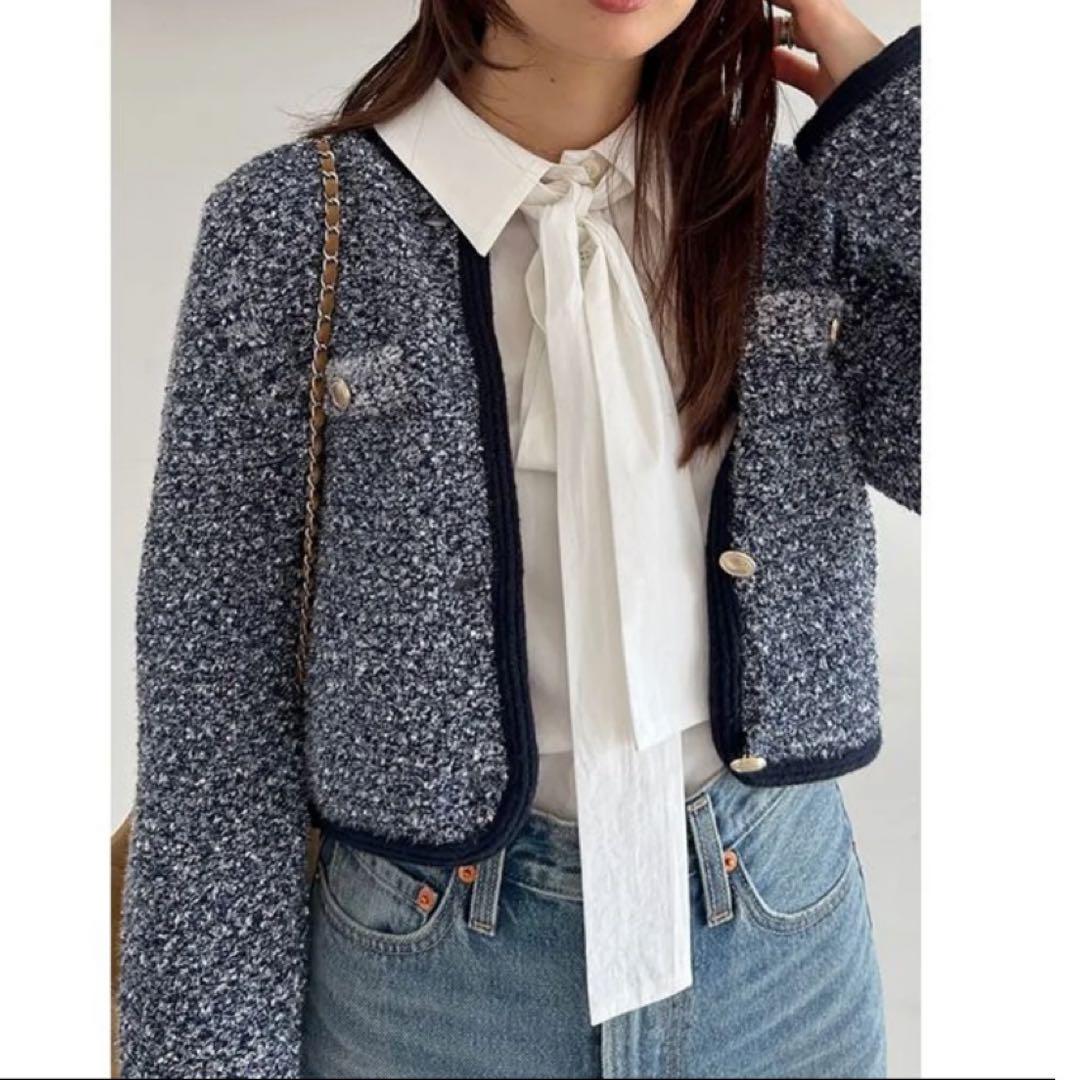 ✨極美品✨25SS SNIDEL スナイデル ツイード ニット カーディガン 紺
