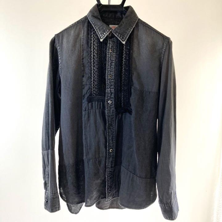 ブランドショッパー付き FUNSET OF ART 再構築フリルシャツ 炭黒 S 日本セール Art. 革シャツ レザージャケット
