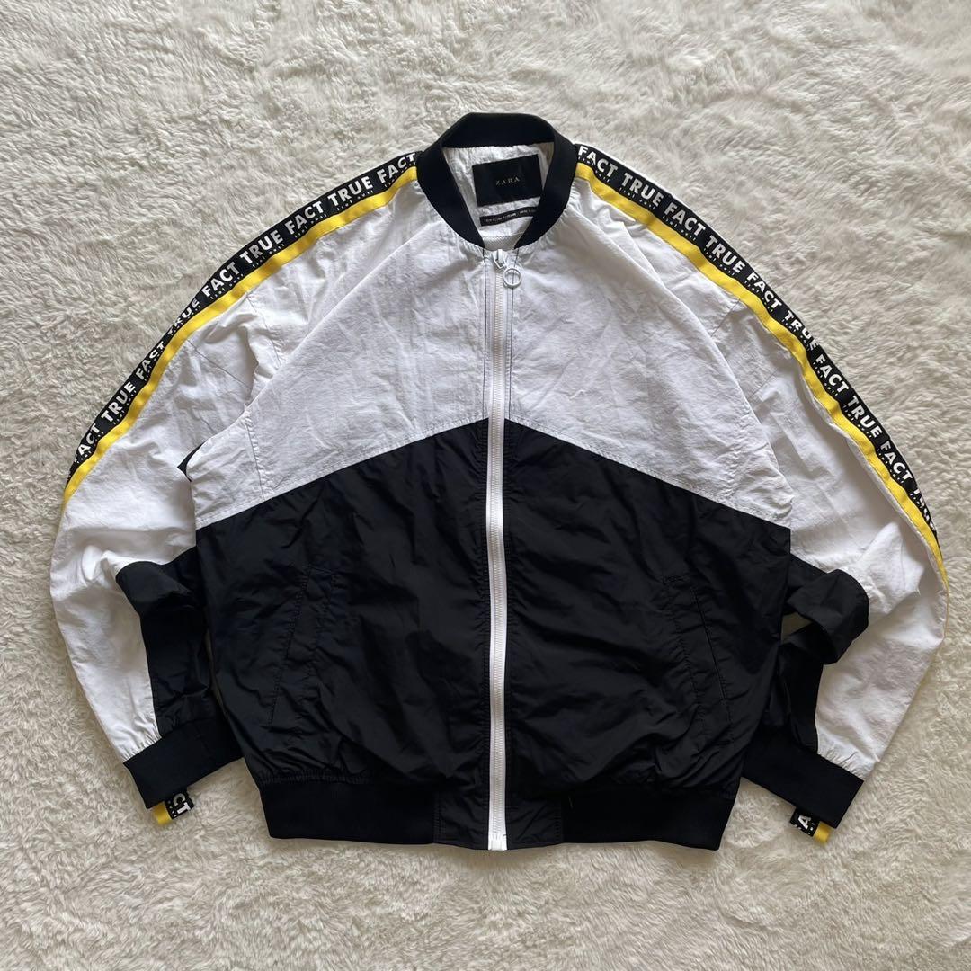 ZARA ジップアップ ナイロンジャケット サイドライン 白黒 M AX33