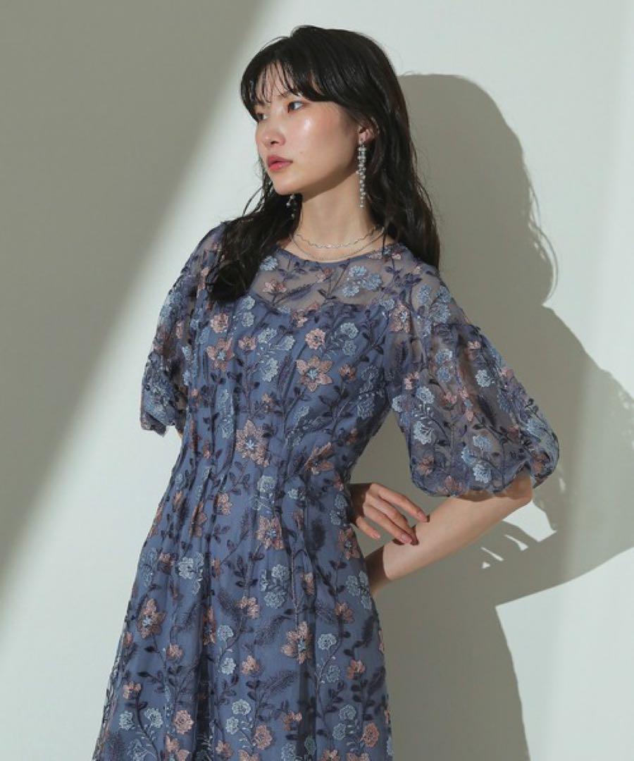 kana パフスリーブ フラワー刺繍 パーティー ドレス