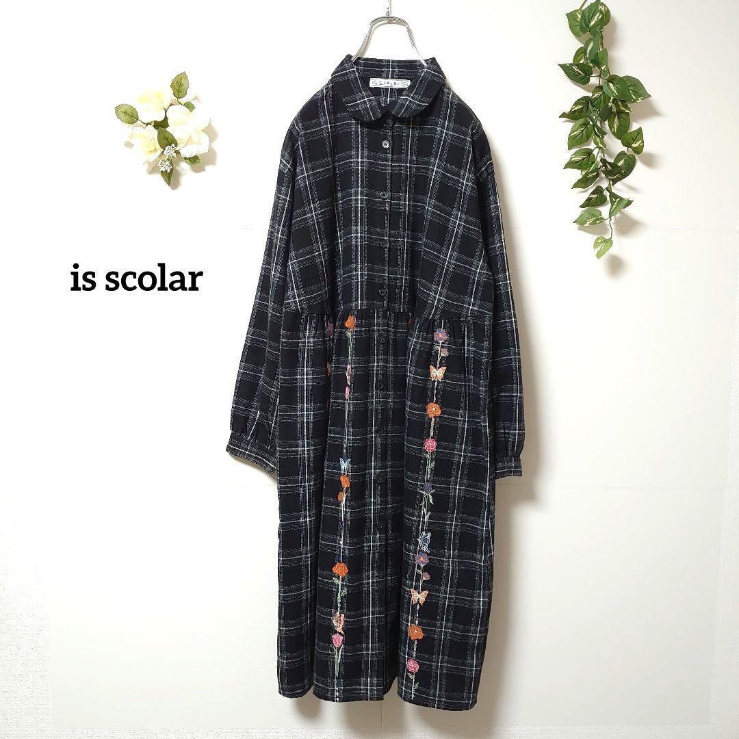 イズスカラー チェック柄 ワンピース 花柄刺繍 М フロントボタン