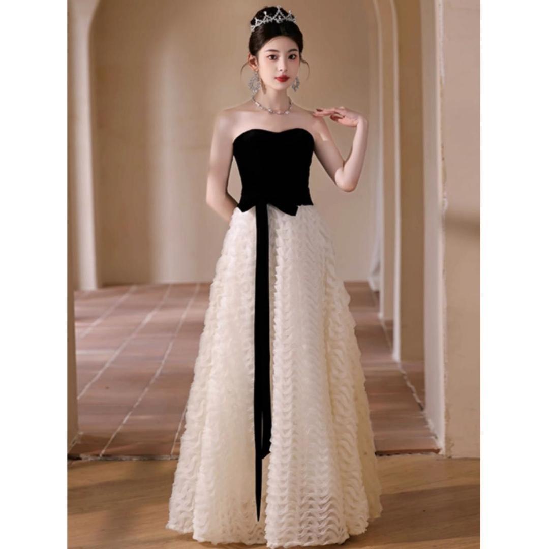 ロングドレス Aライン L　ベアトップ 白黒 パーティー 演奏会 結婚式 2次会