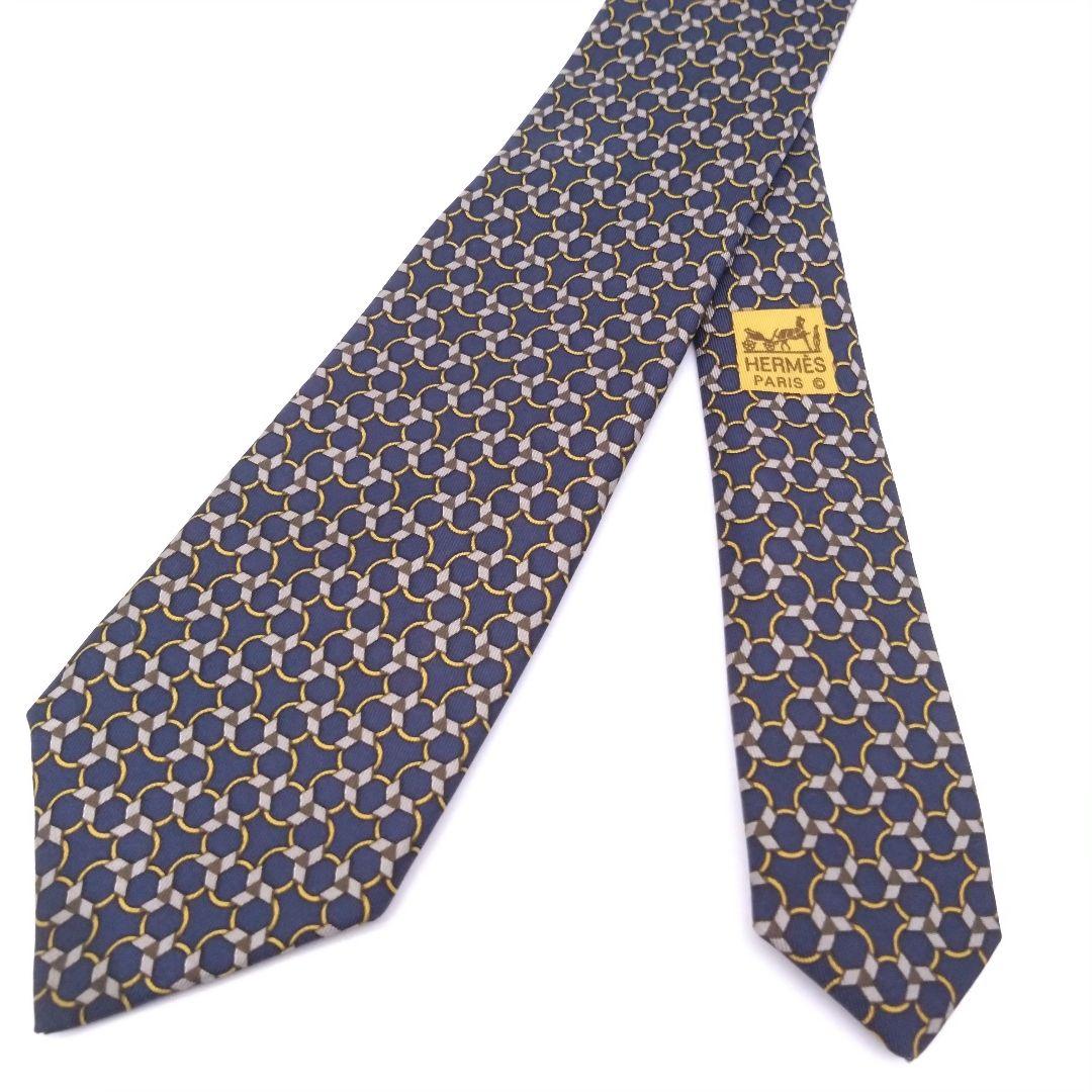 【極美品】HERMES エルメス ネクタイ 総柄 チェーン風 シルク100%