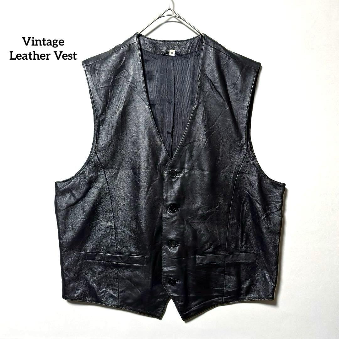 Vintage Leather レザーベスト エイジング 本革 ブラック 52