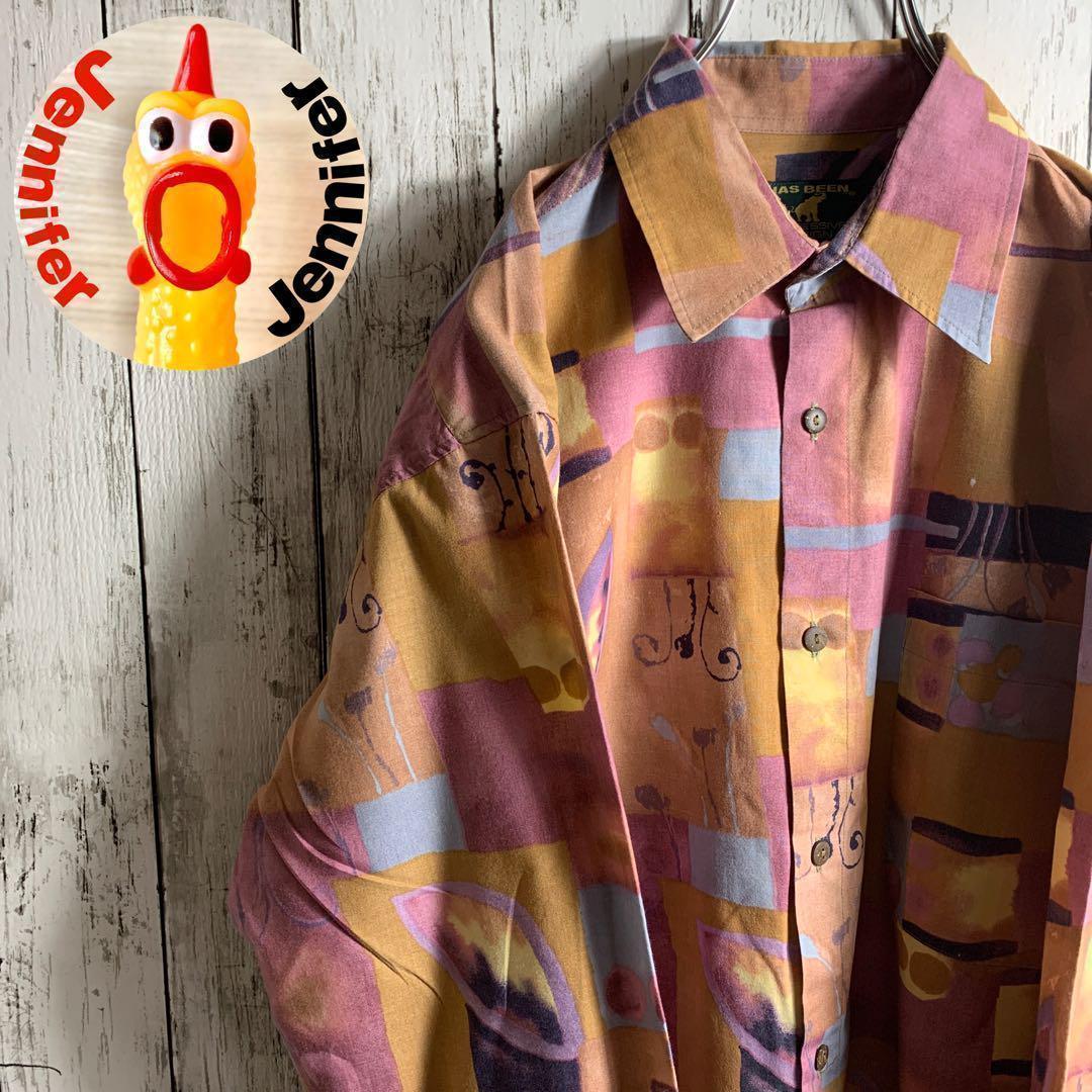 【ヴィンテージ】古着 90s メンズ ポリシャツ M 長袖 総柄 ★希少デザイン