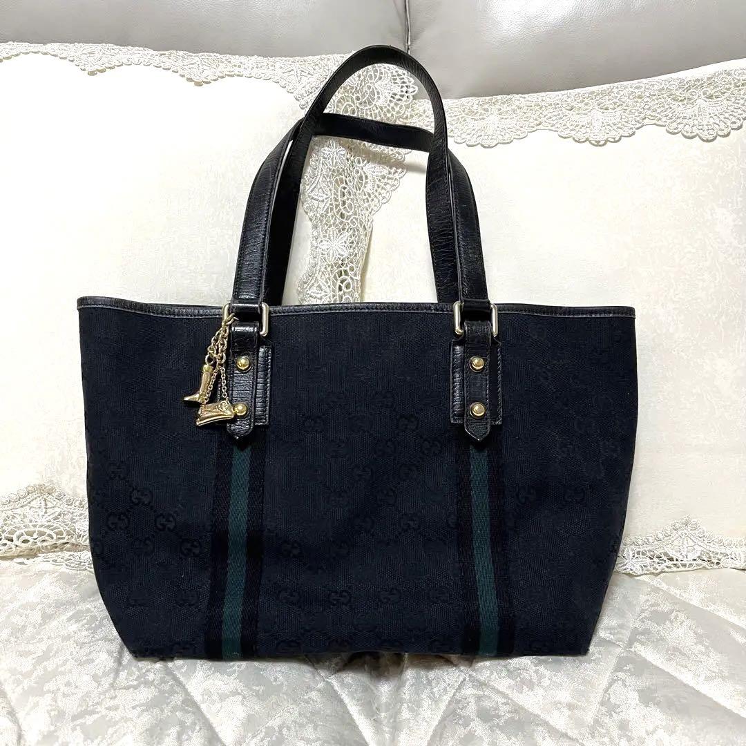 かずパパ様専用GUCCI バッグ GG ブラック×グリーン シェリーライン