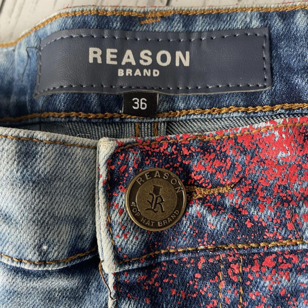 REASON デニムパンツ ライトブルー ダメージ加工 刻印ボタン 36inch