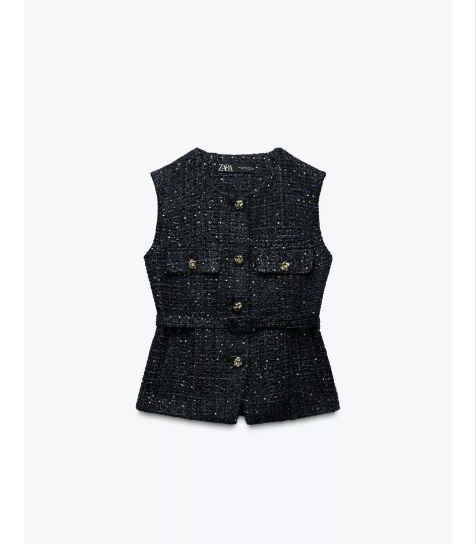 正規品⭐︎ZARA ベルト テクスチャー ベスト L ネイビーブルー