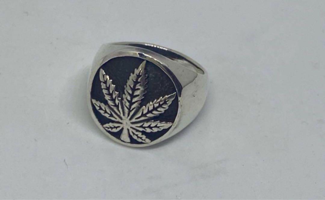 ヘンプ大麻マリファナシグネットシルバー925リング印台指輪24号ガンジャカンナビ