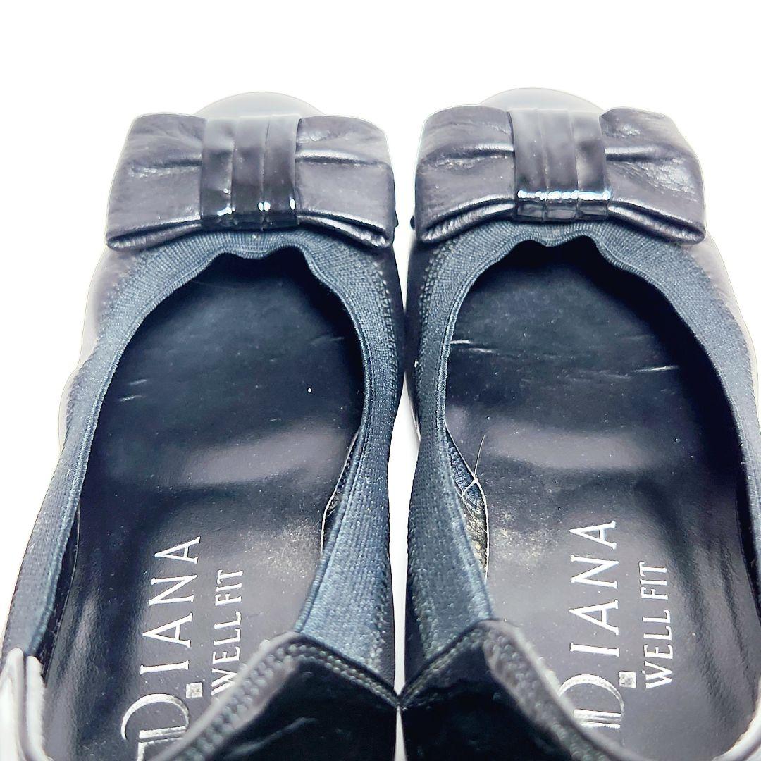 【美品】ダイアナウェルフィット フラット パンプス リボン レザー エナメル 黒
