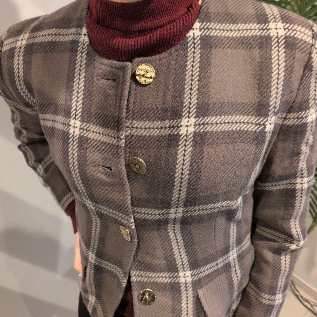グレンチェックノー ショート丈ウールコートM
