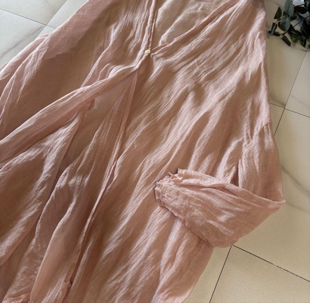 美品nest robe ピンク 麻100 カーディガン風ロングシャツ ガウン