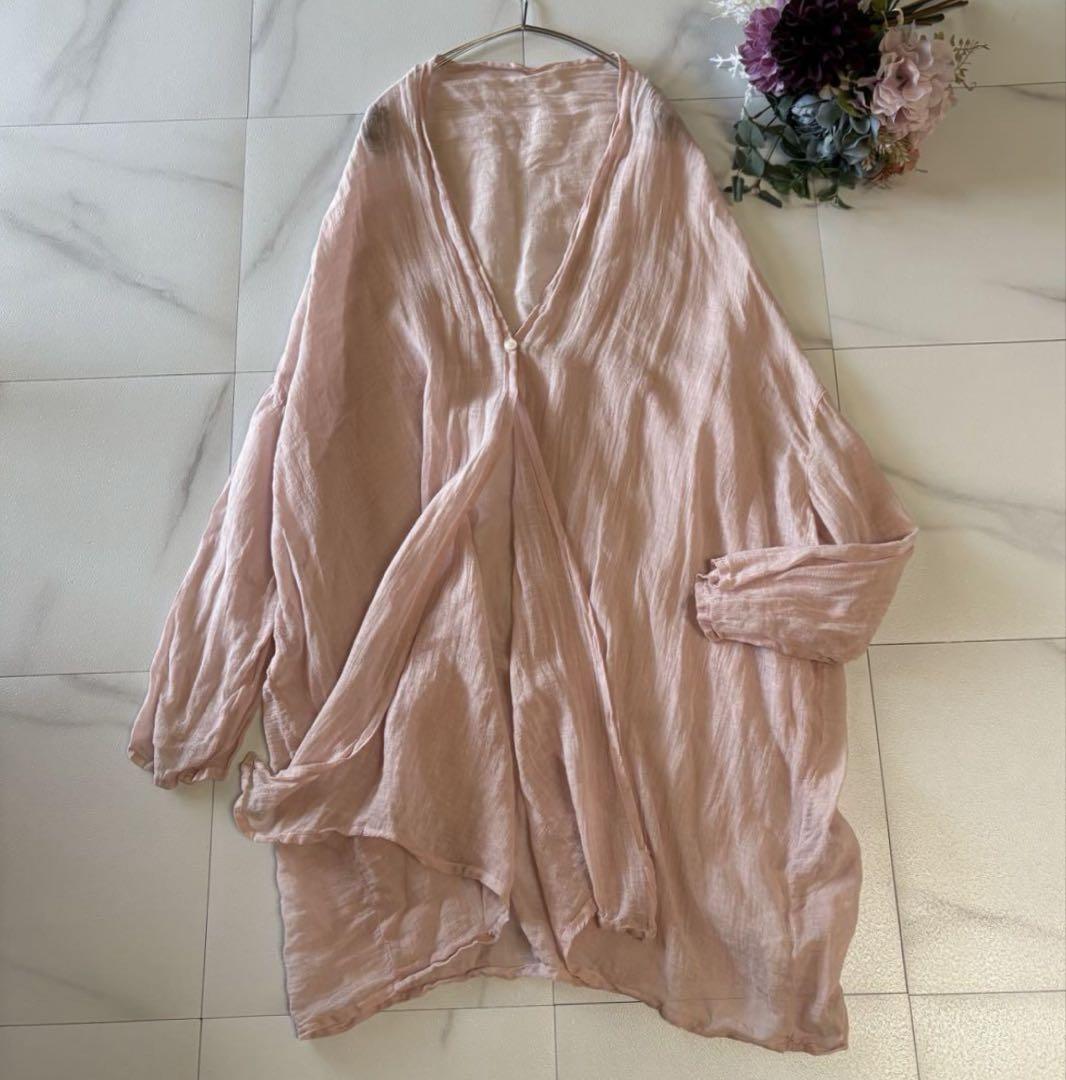 【本物保証】 美品nest robe ピンク 麻100 カーディガン風ロングシャツ ガウン トップス
