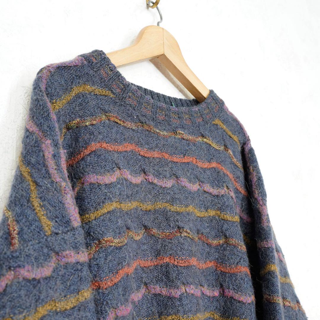 VINTAGE ヨーロッパ古着ウェーブ刺繍アルパカ混ウール3Dニット