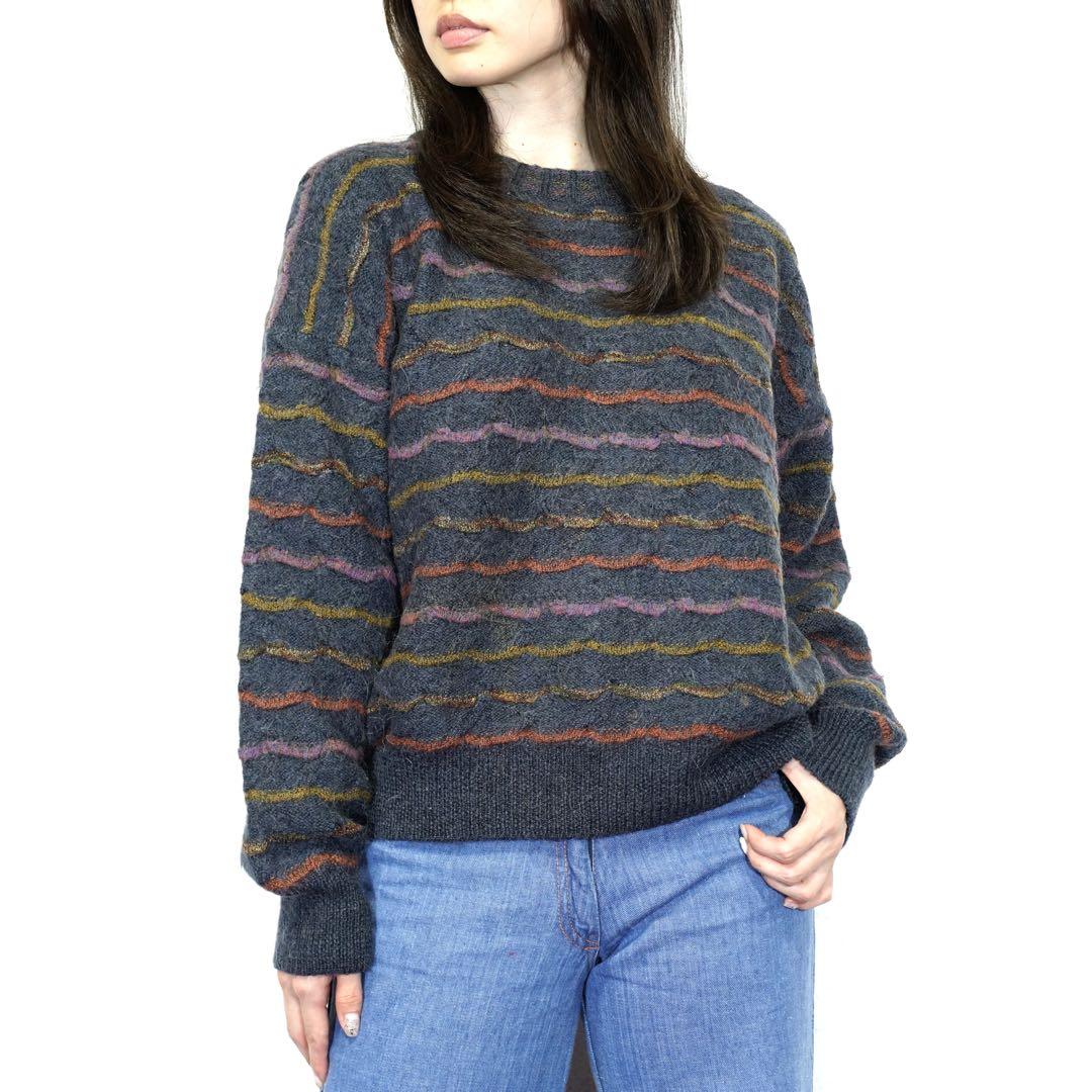 ヨーロッパ古着ウェーブ刺繍アルパカ混ウール3Dニット