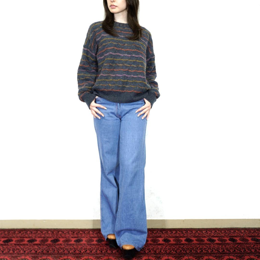 VINTAGE ヨーロッパ古着ウェーブ刺繍アルパカ混ウール3Dニット