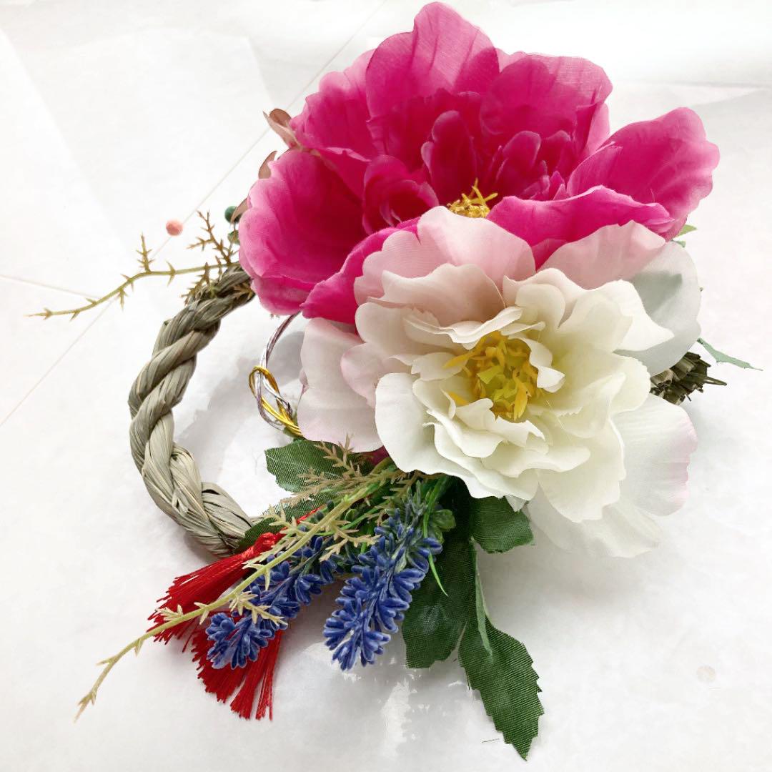 しめ縄 紅白 ハンドメイド 椿 フラワー リース 正月 正月飾り