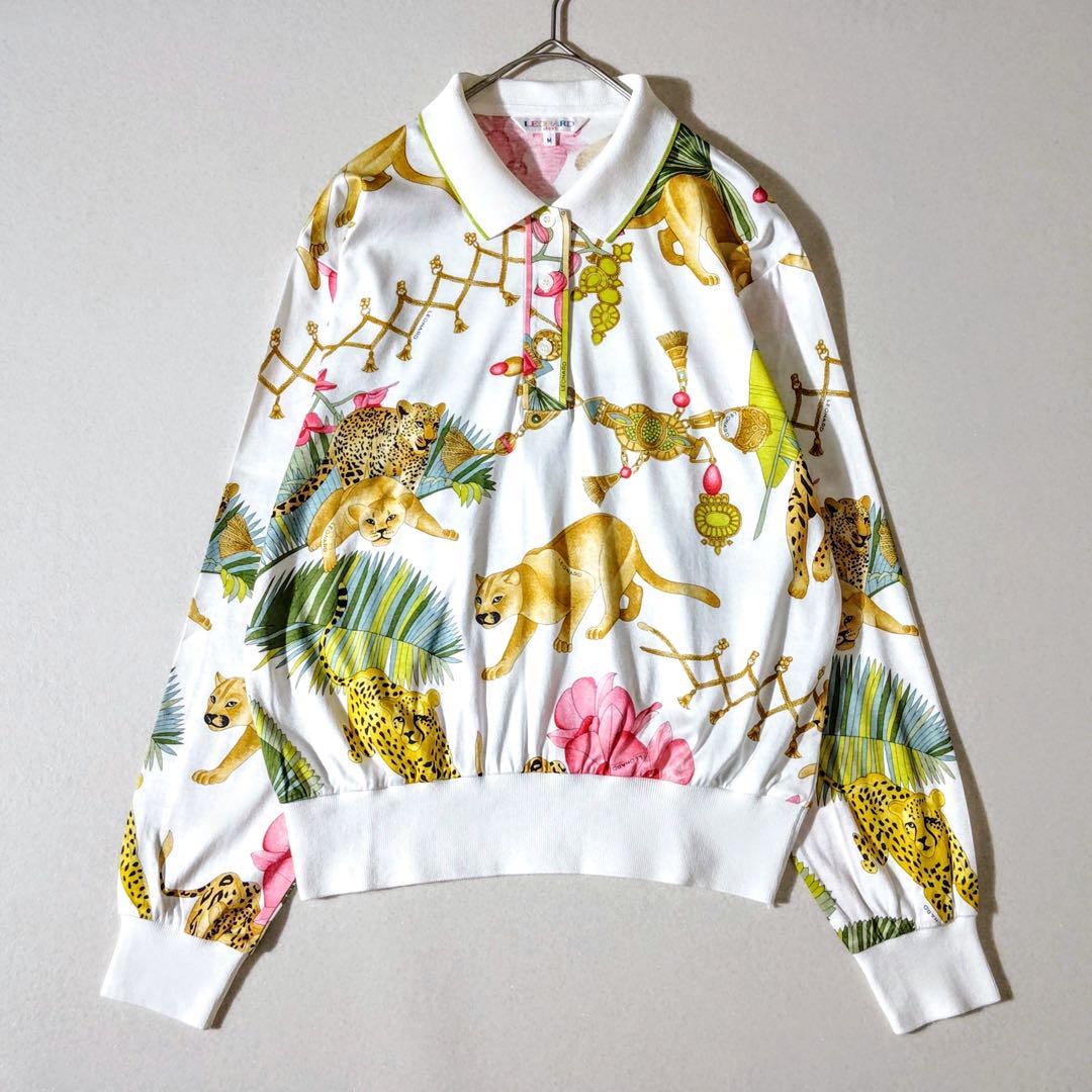 ✨極美品✨ レオナール ポロシャツ 長袖 花柄 大きいサイズ XL ホワイト レオナール ポロシャツ 美しいデザイン アニマル柄 白地 総柄