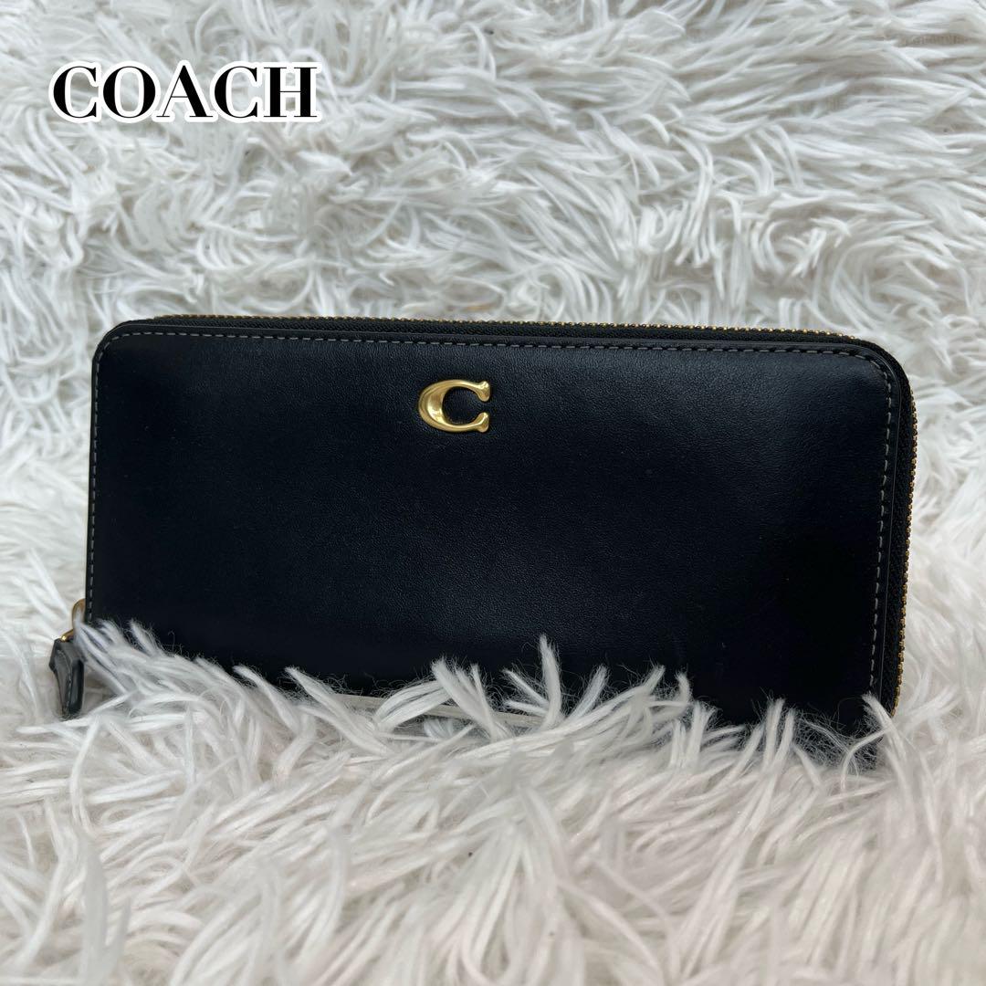 美品 現行【COACH】ラウンドファスナー 長財布 レザー メタルロゴ ブラック