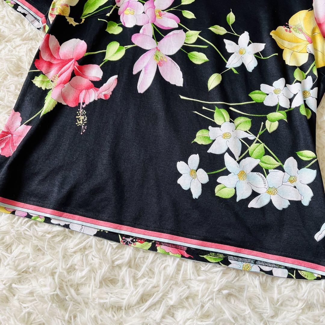 【美品✨】レオナール　半袖カットソー　Tシャツ　トリム　花柄　黒　Lサイズ