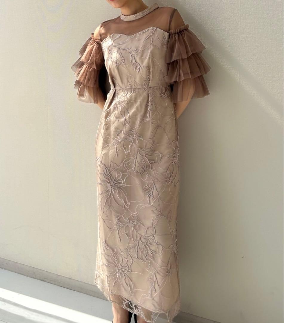 オケージョンドレス ティアードスリーブ刺繍ワンピースドレスL