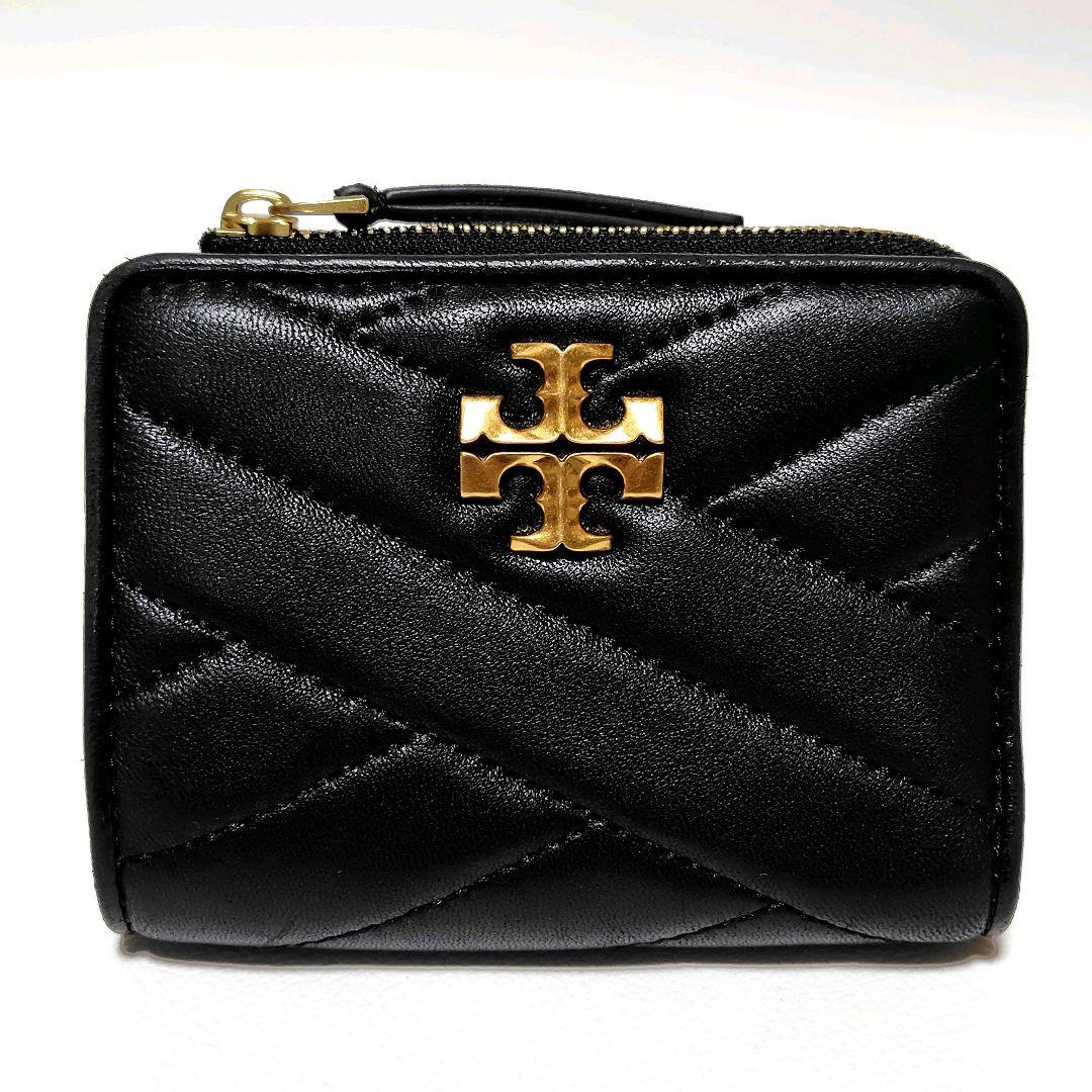 美品✨　トリーバーチ　折り財布　黒　レザー　キルティング　L字ジップ　金具ロゴ
