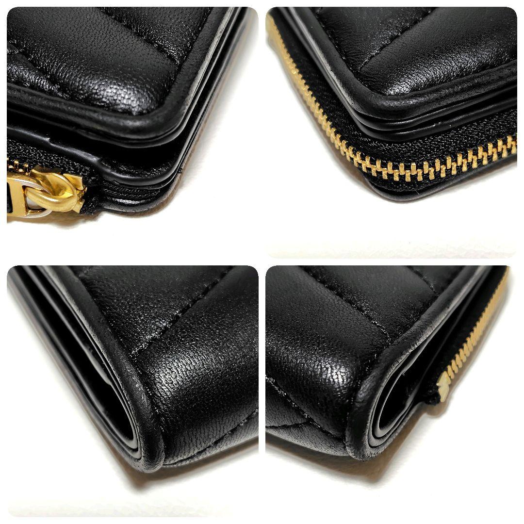 美品✨　トリーバーチ　折り財布　黒　レザー　キルティング　L字ジップ　金具ロゴ
