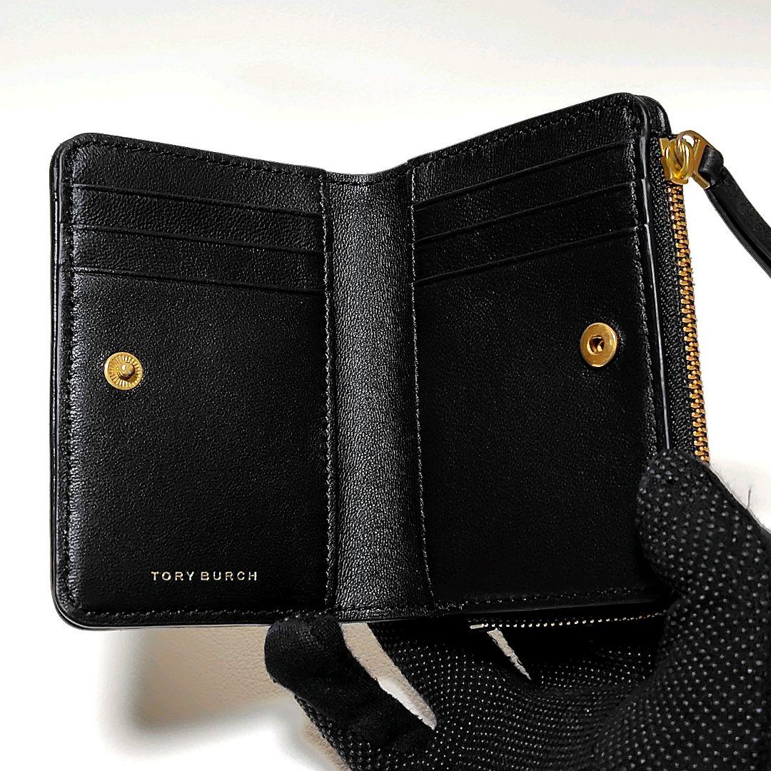 美品✨　トリーバーチ　折り財布　黒　レザー　キルティング　L字ジップ　金具ロゴ