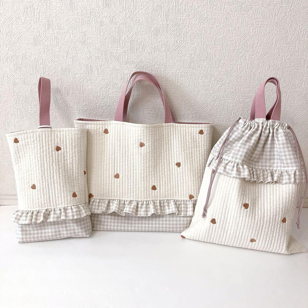 レッスンバッグ 上履き入れ　体操服袋　ヌビ　ハート刺繍