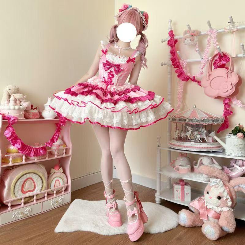 ロリータワンピース 宮殿風 リボン 姫 ティアードスカート 地雷系 メイド衣装