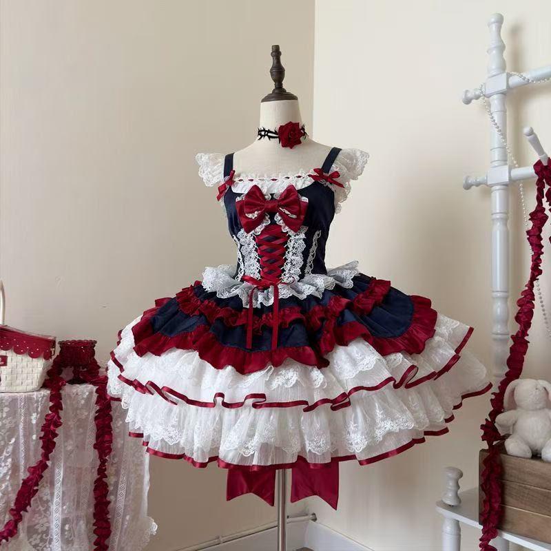 ロリータワンピース 宮殿風 リボン 姫 ティアードスカート 地雷系 メイド衣装