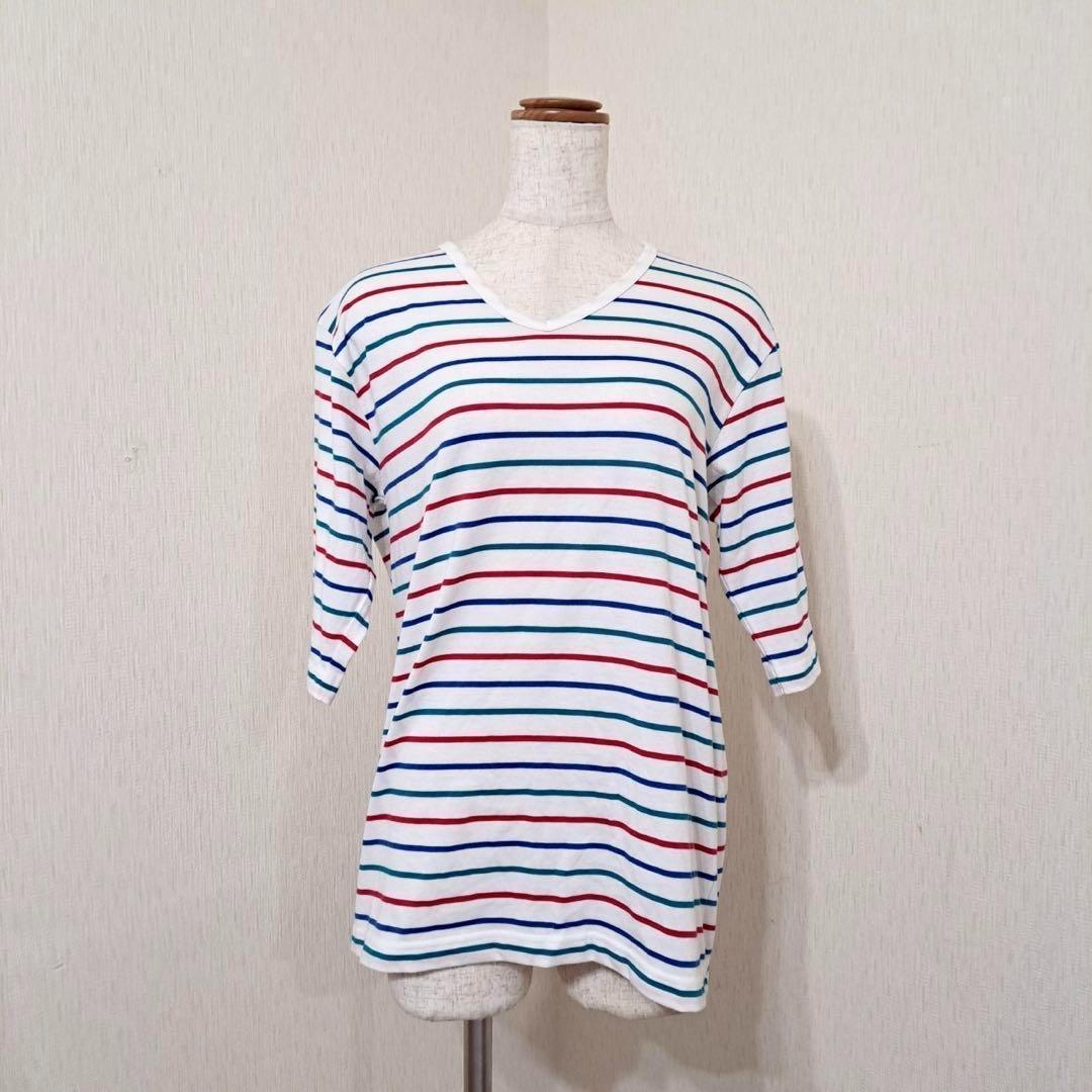 ジェイフリー　マルチカラーボーダーVネックTシャツ　 7分袖カットソー【L】