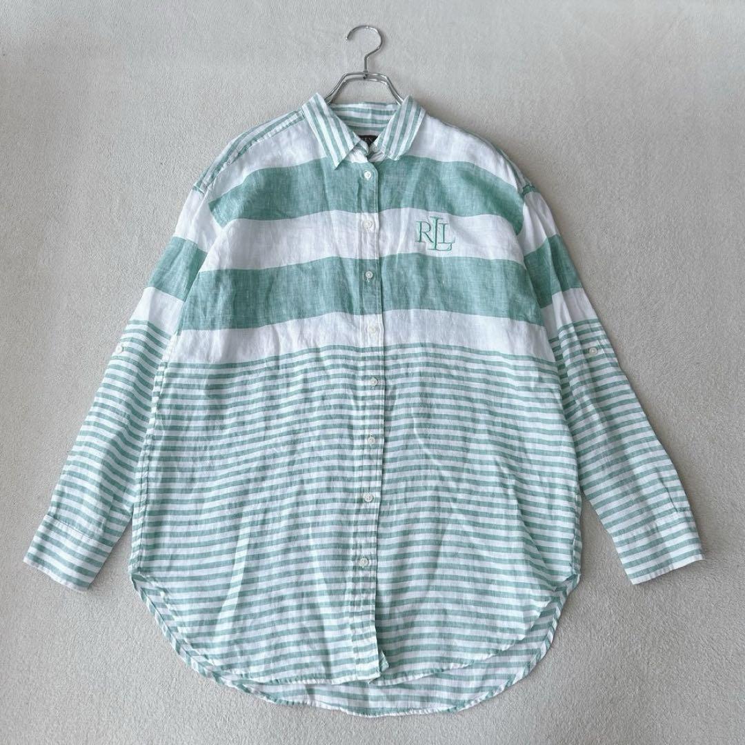 極美品✨　ローレンラルフローレン オーバー　ストライプ　リネンシャツ　緑&白　M