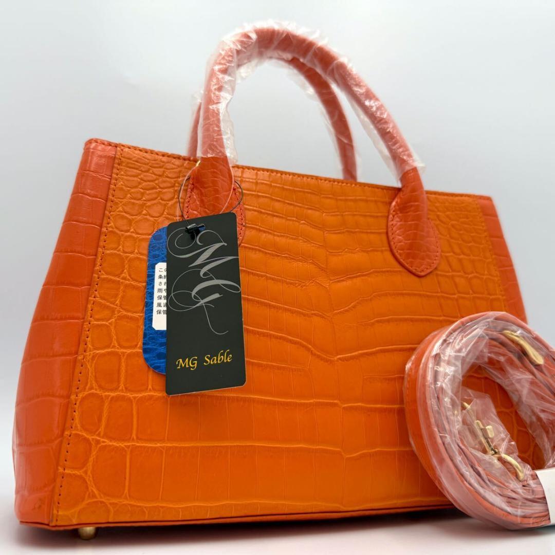 マットクロコダイル ハンドバッグ 2WAY オレンジ センター取り東京クロコダイル