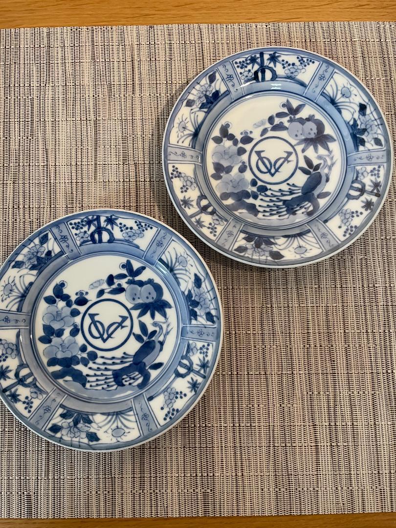 古伊万里　有田焼 染付　芙蓉手　VOC 鳳凰文 平皿 2枚
