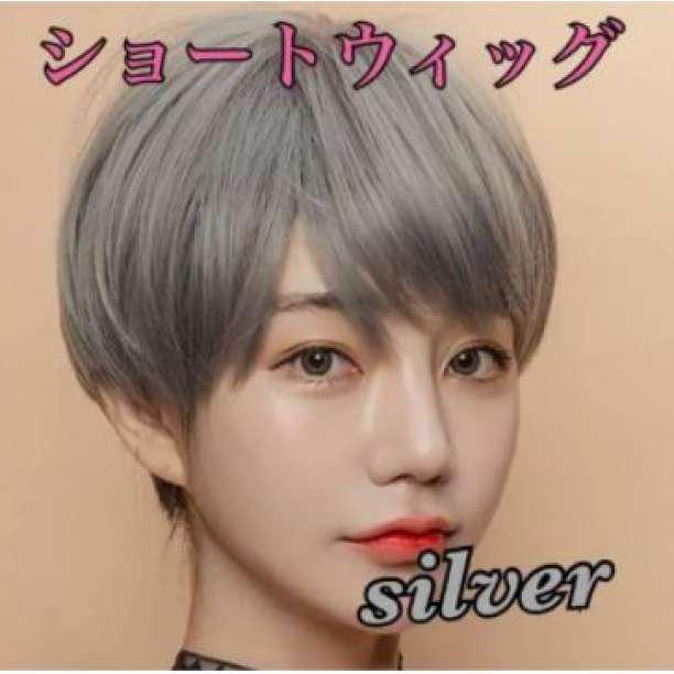 ショートウィッグ ネット付き シルバー イメチェン 簡単装着 耐熱仕様