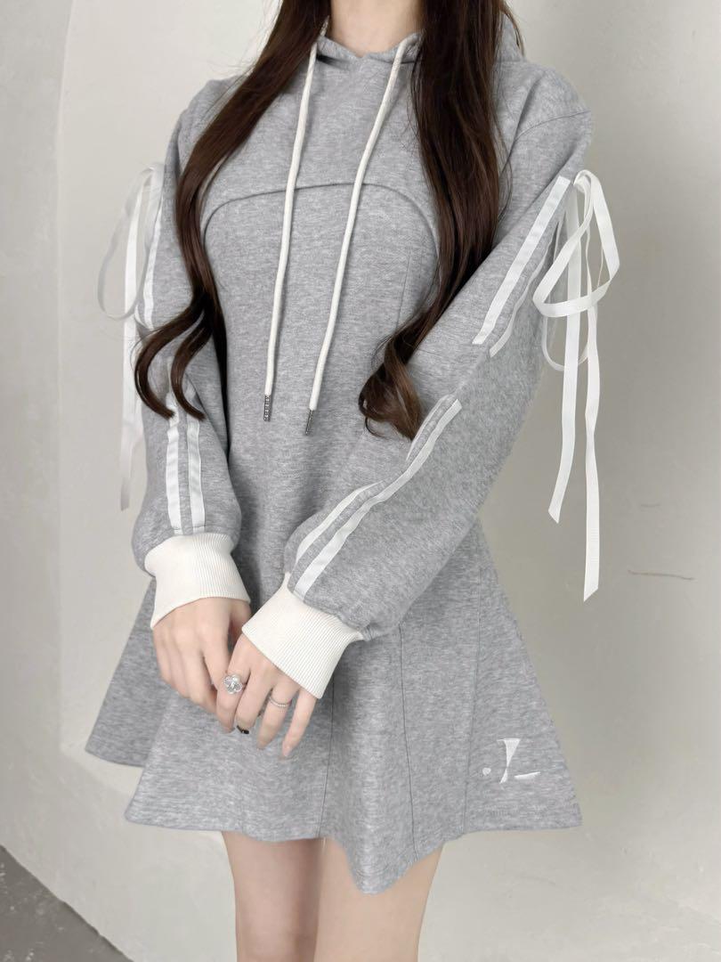 ワンピース Ribbon sleeve layered hoodie dress