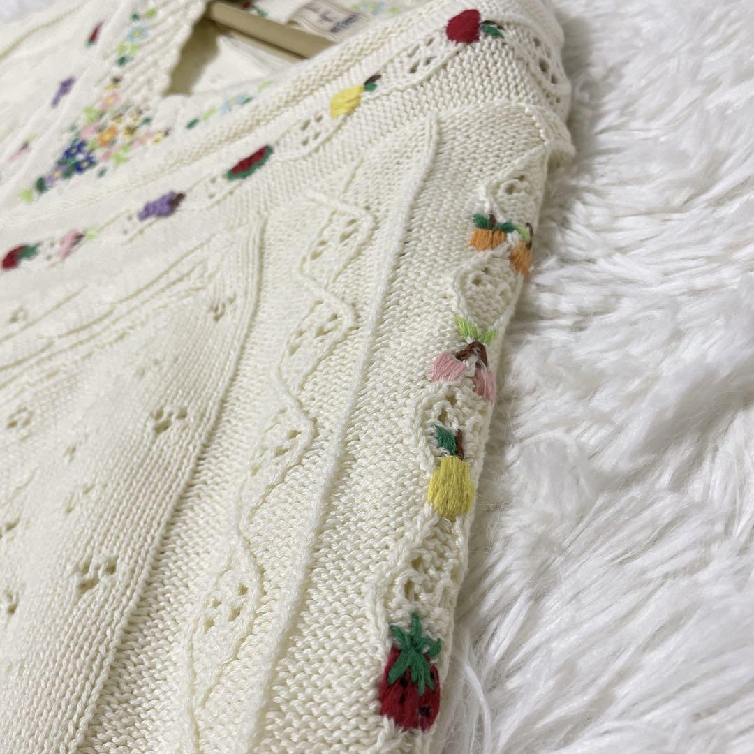 フランシュリッペ くだもの畑 刺繍ニット 春夏 半袖 ホワイト系
